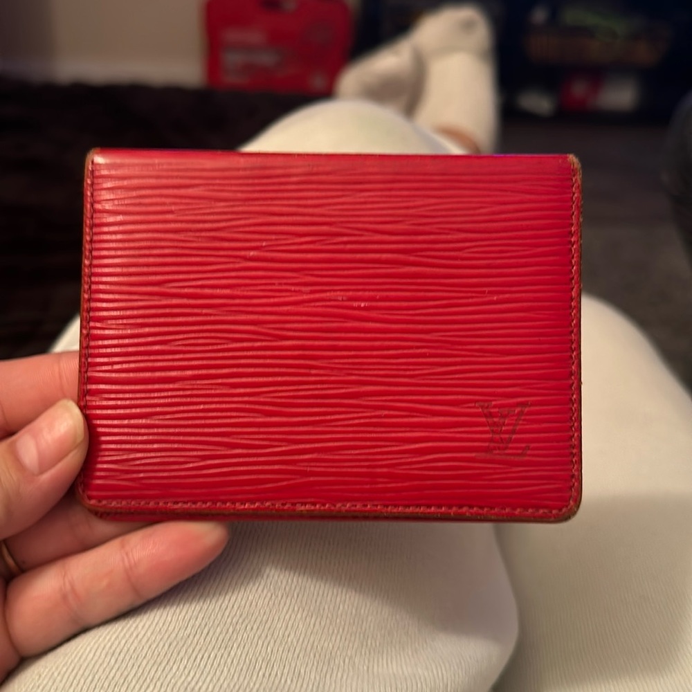 LV red leather EPI bifold ID card holder